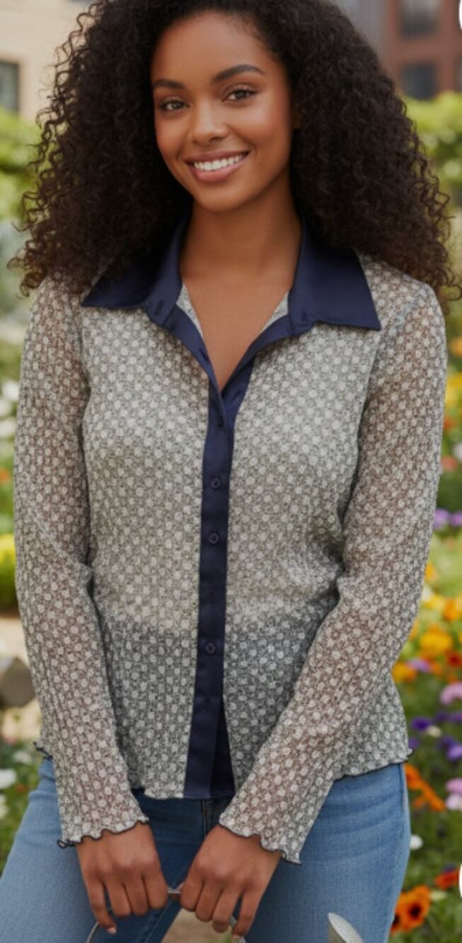 Papaya Blue Medallion Plisse Print Button Front Sheer Blouse Small